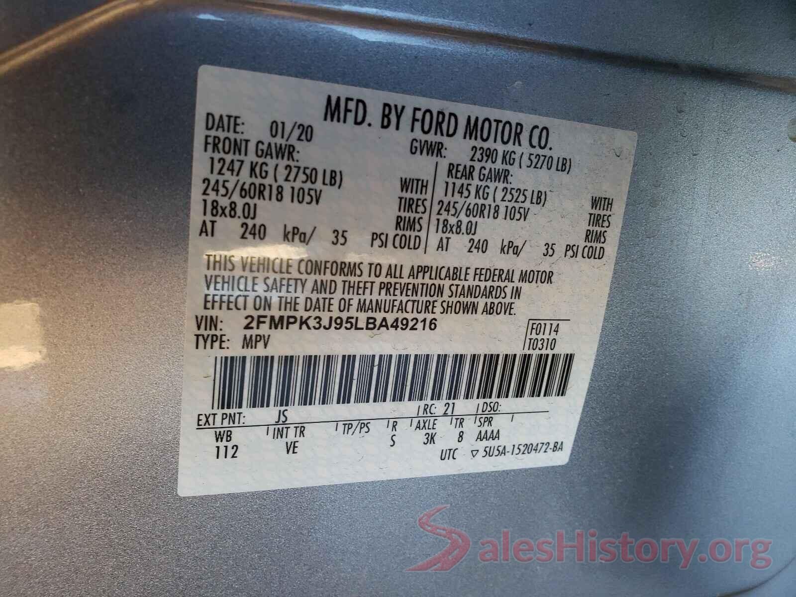 2FMPK3J95LBA49216 2020 FORD EDGE