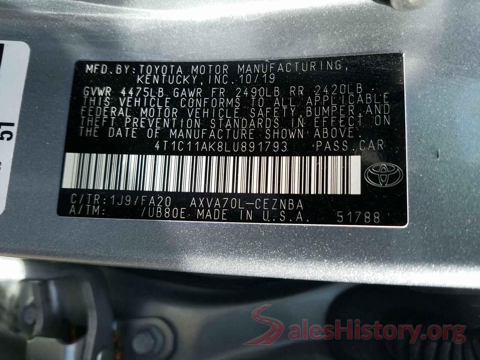 4T1C11AK8LU891793 2020 TOYOTA CAMRY