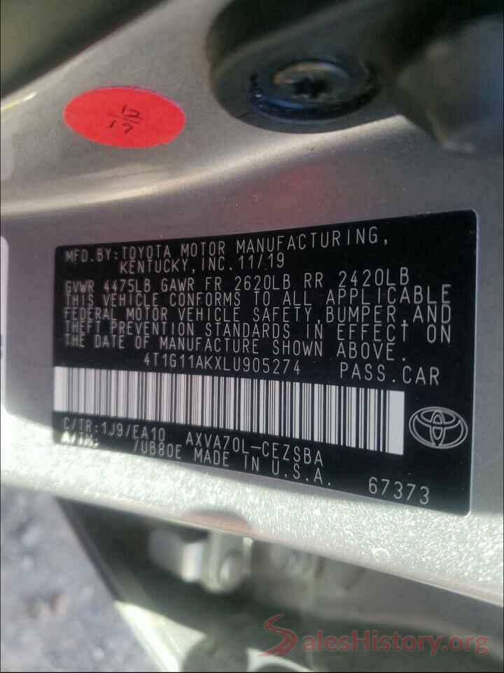 4T1G11AKXLU905274 2020 TOYOTA CAMRY