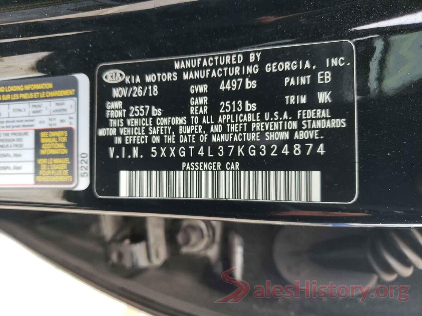 5XXGT4L37KG324874 2019 KIA OPTIMA