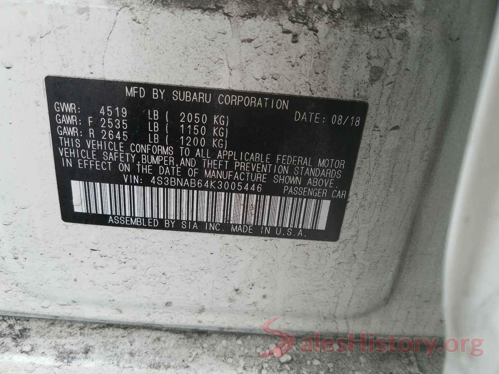 4S3BNAB64K3005446 2019 SUBARU LEGACY