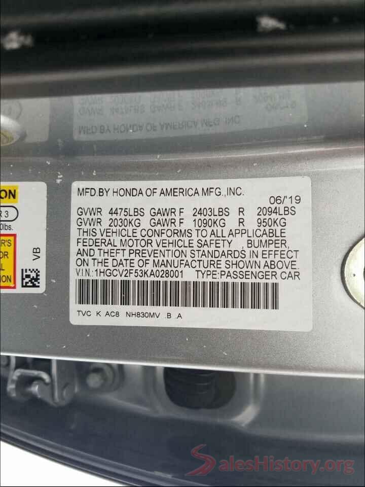 1HGCV2F53KA028001 2019 HONDA ACCORD