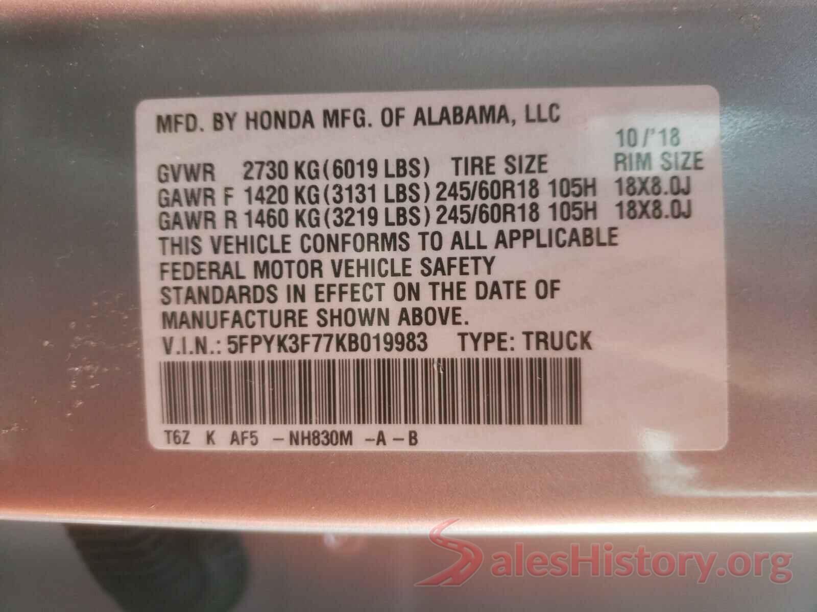 5FPYK3F77KB019983 2019 HONDA RIDGELINE