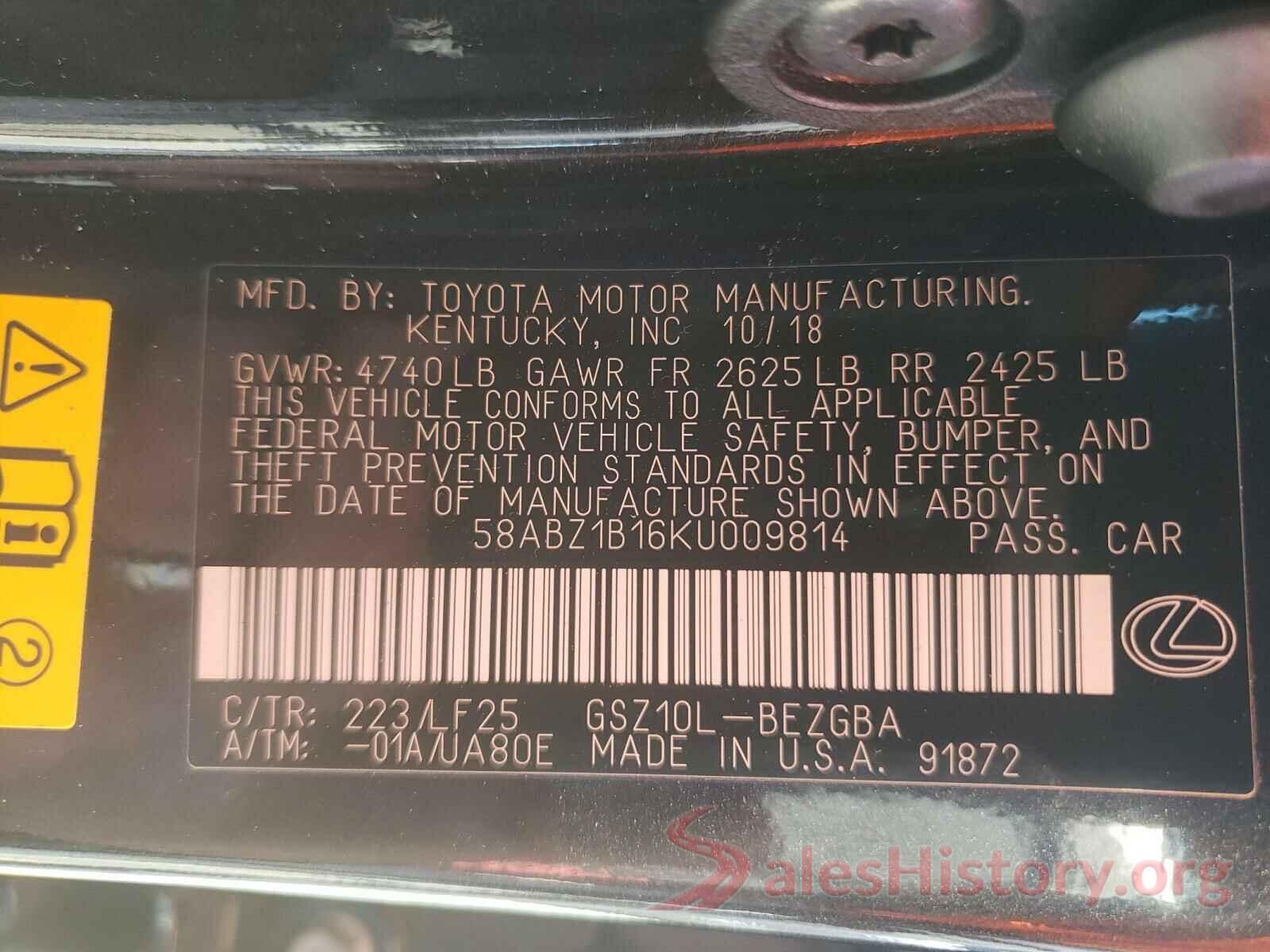 58ABZ1B16KU009814 2019 LEXUS ES350