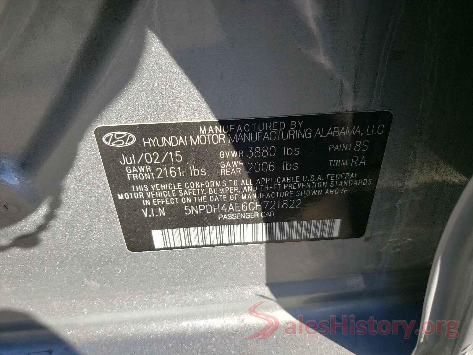 5NPDH4AE6GH721822 2016 HYUNDAI ELANTRA