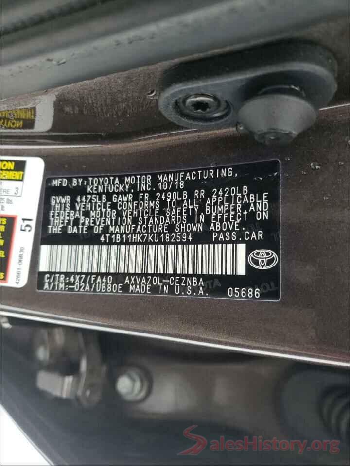 4T1B11HK7KU182594 2019 TOYOTA CAMRY