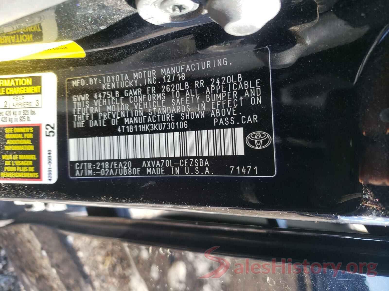 4T1B11HK3KU730106 2019 TOYOTA CAMRY