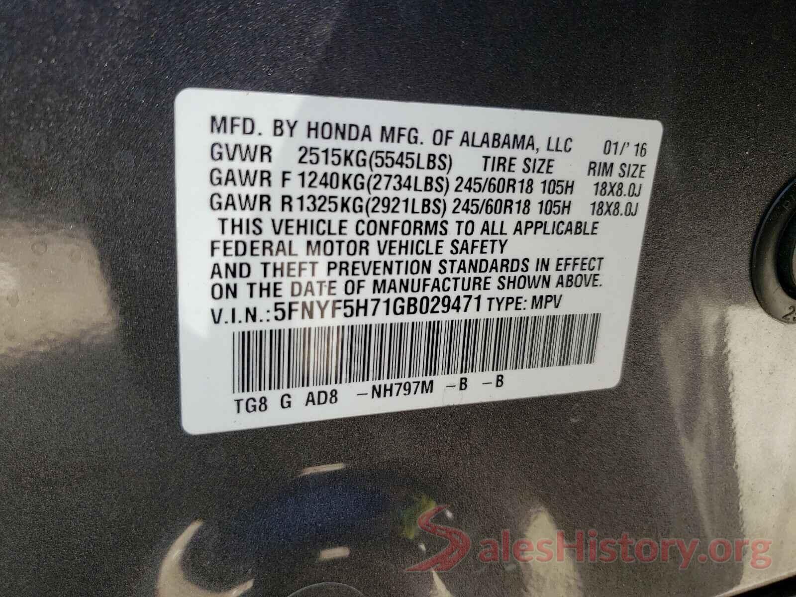 5FNYF5H71GB029471 2016 HONDA PILOT