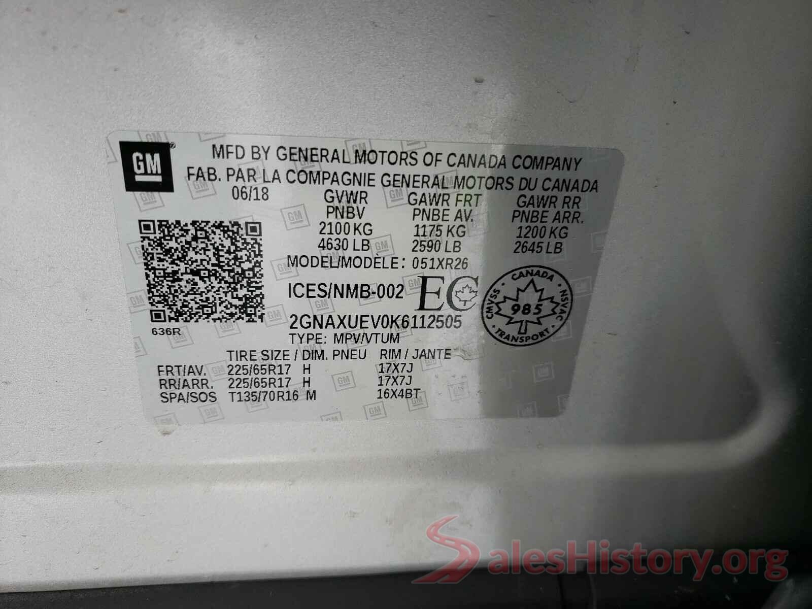 2GNAXUEV0K6112505 2019 CHEVROLET EQUINOX