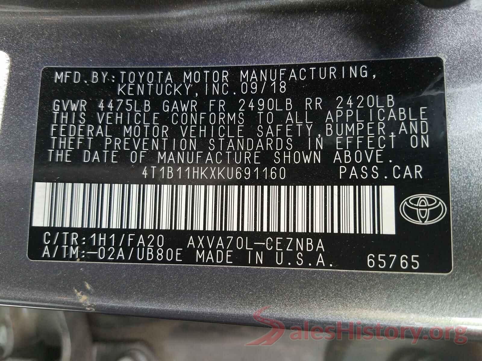 4T1B11HKXKU691160 2019 TOYOTA CAMRY