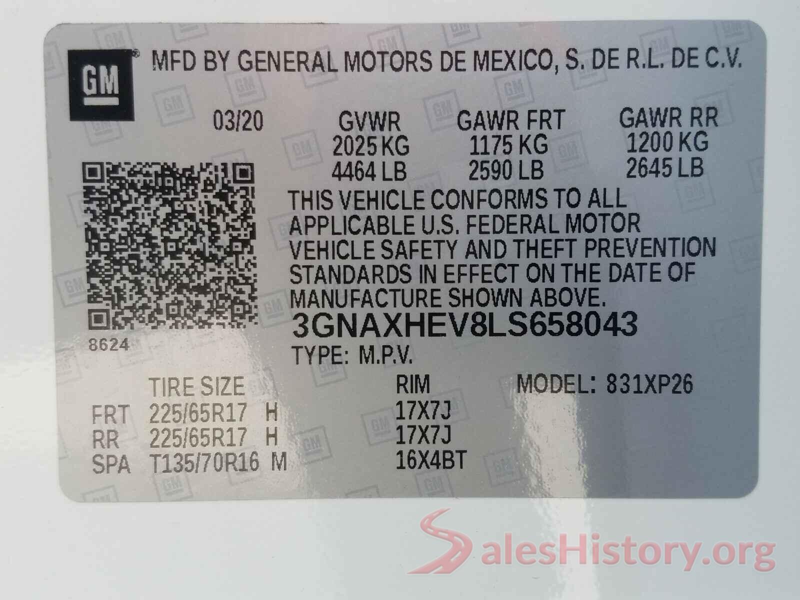 3GNAXHEV8LS658043 2020 CHEVROLET EQUINOX