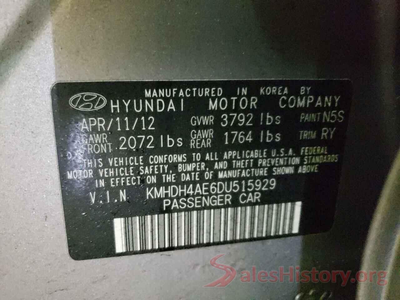 KMHDH4AE6DU515929 2013 HYUNDAI ELANTRA