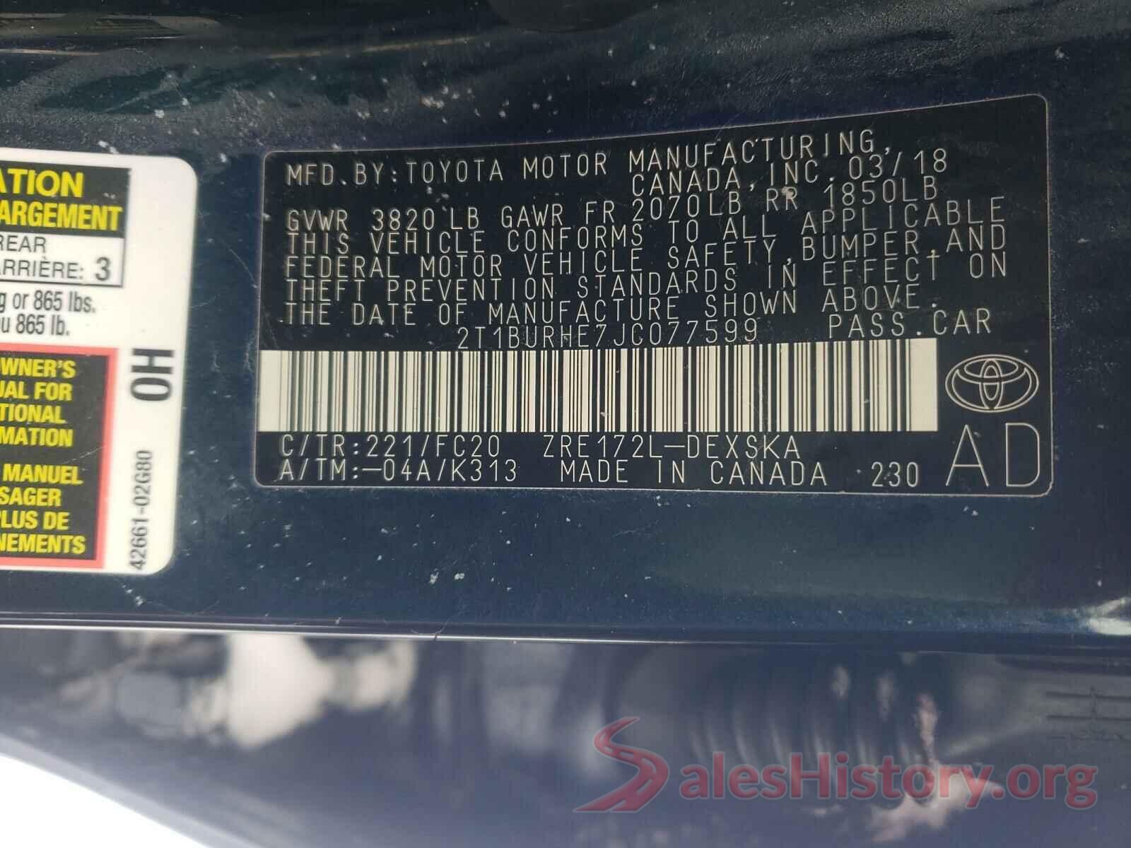 2T1BURHE7JC077599 2018 TOYOTA COROLLA