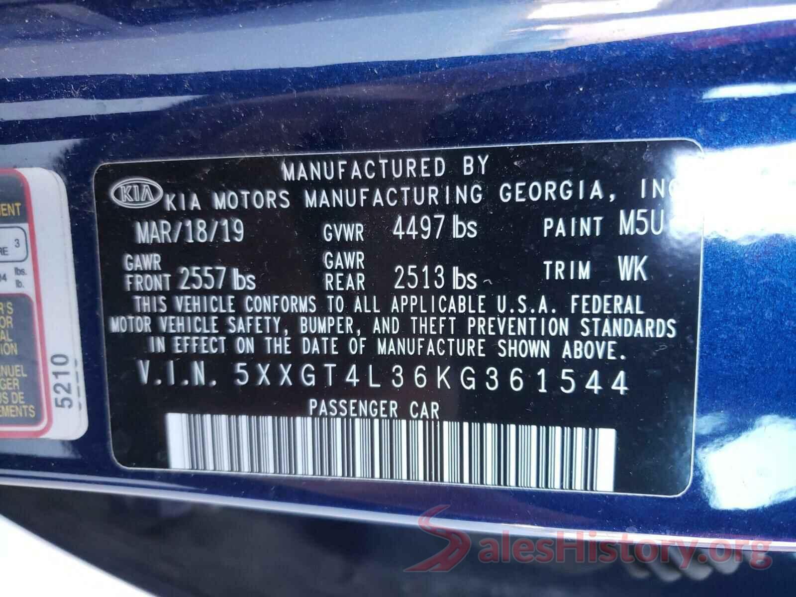 5XXGT4L36KG361544 2019 KIA OPTIMA