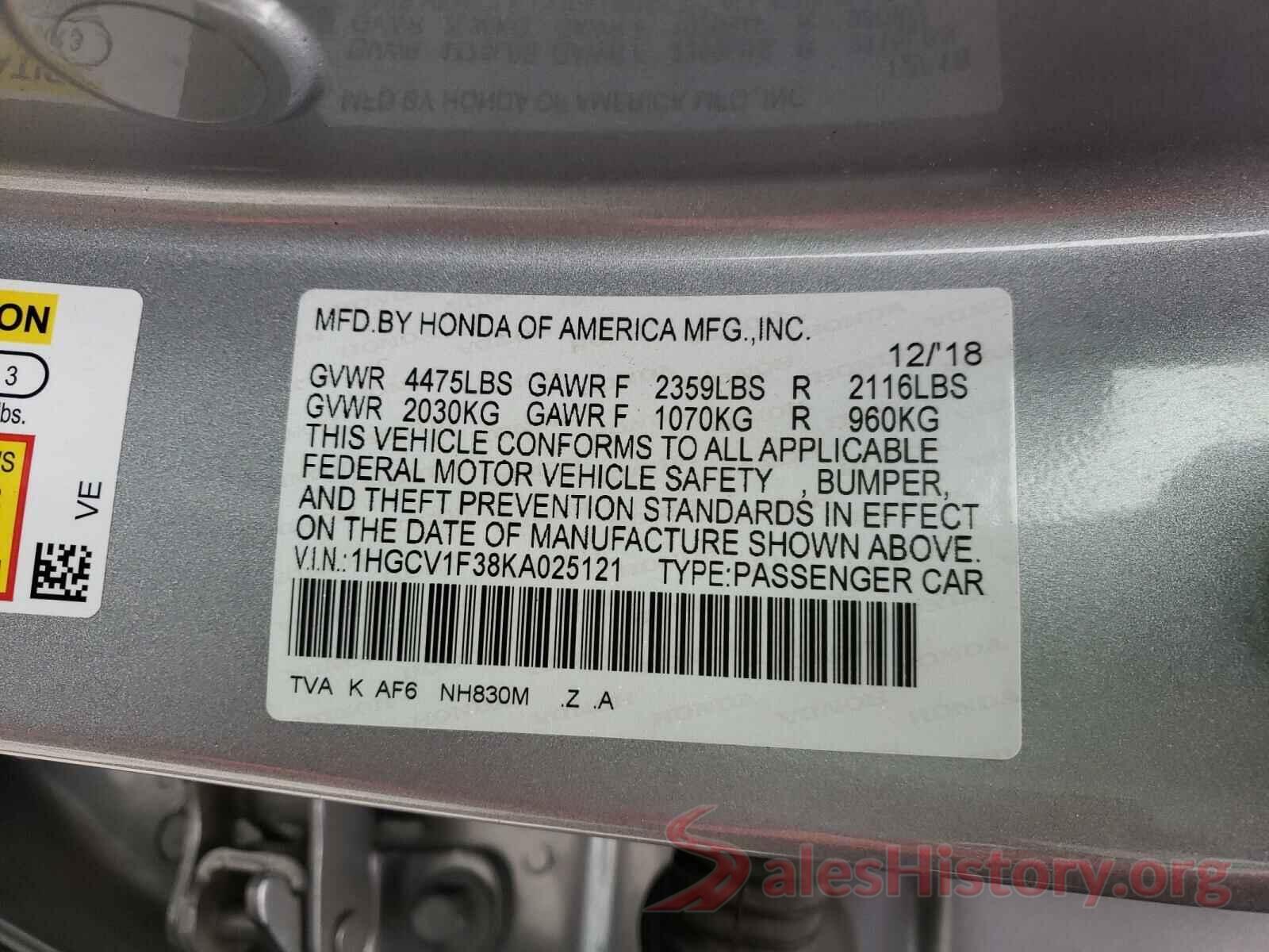 1HGCV1F38KA025121 2019 HONDA ACCORD