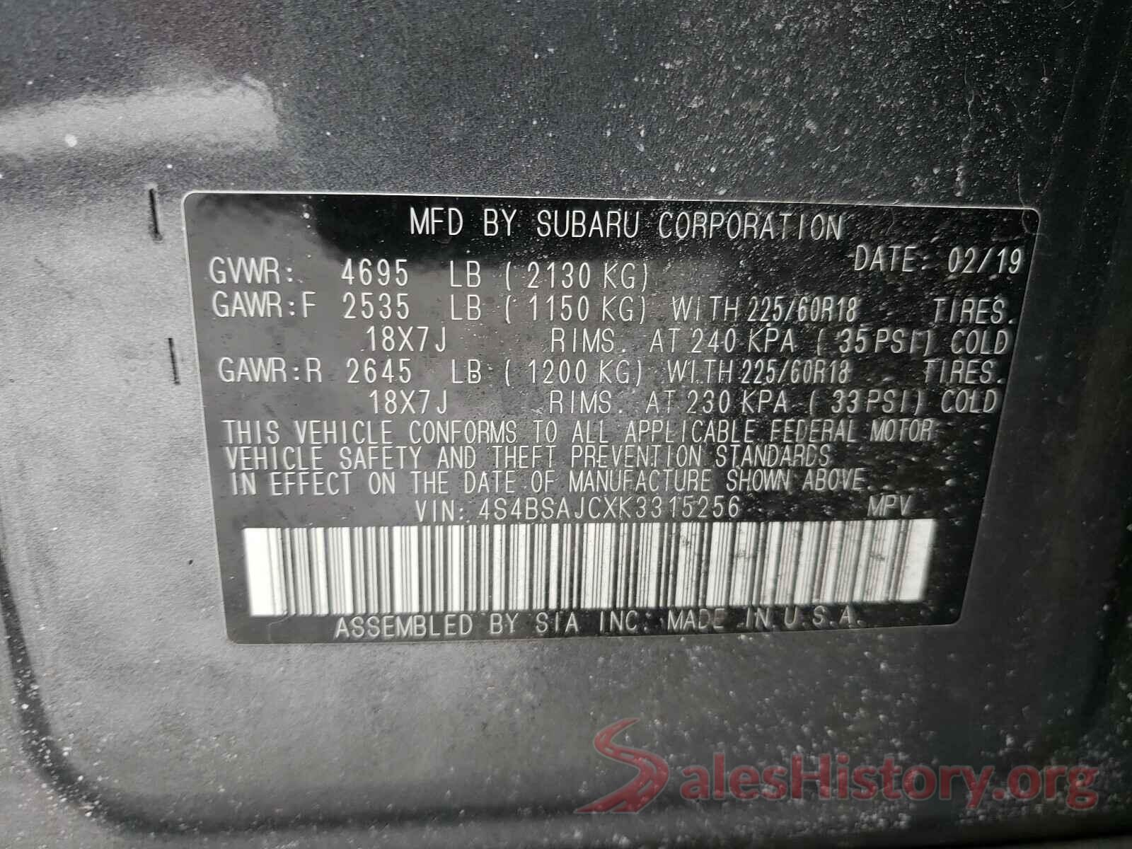 4S4BSAJCXK3315256 2019 SUBARU OUTBACK