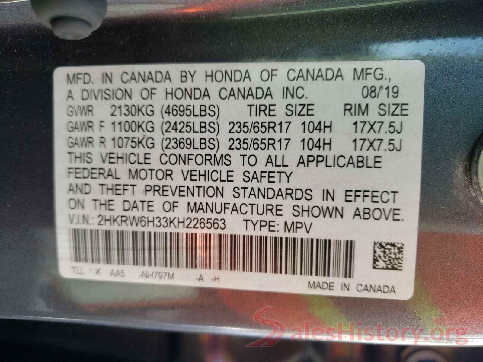 2HKRW6H33KH226563 2019 HONDA CRV