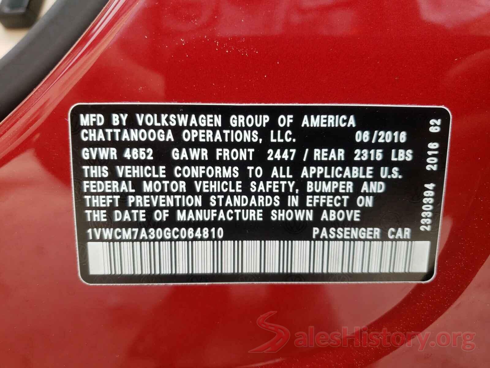 1VWCM7A30GC064810 2016 VOLKSWAGEN PASSAT