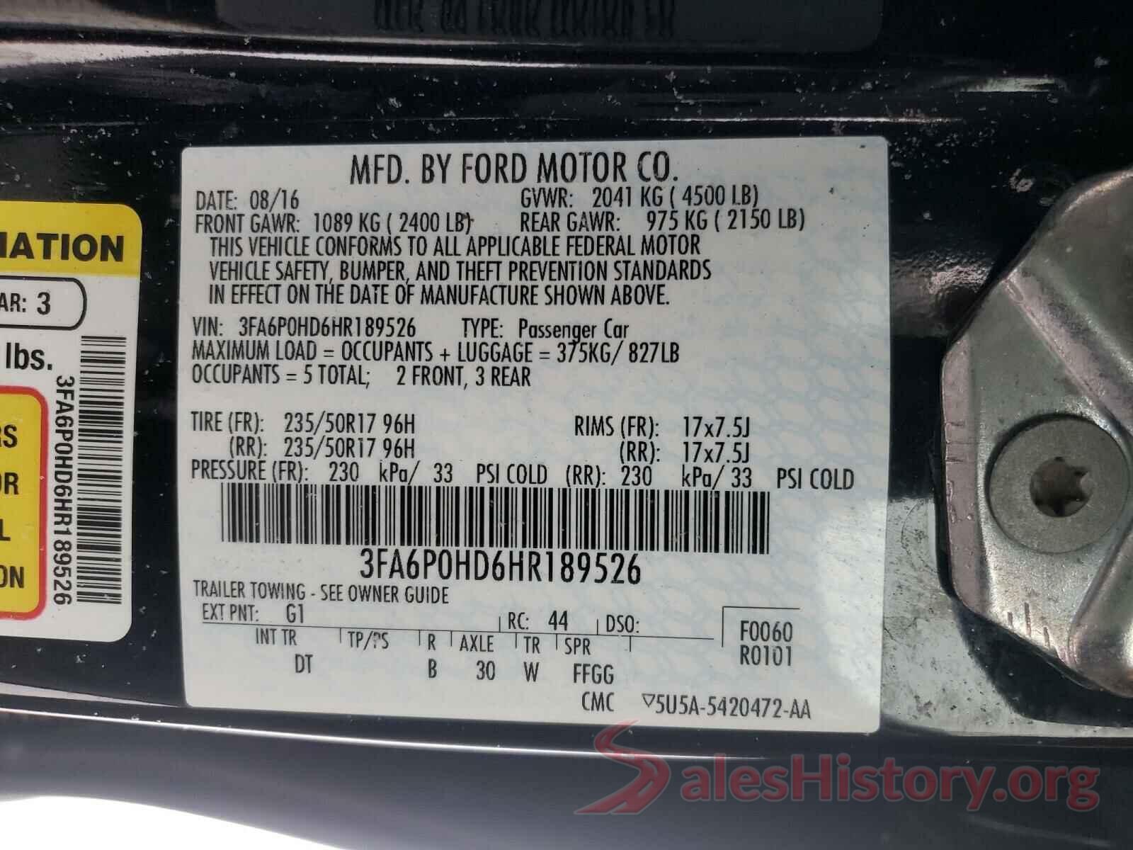 3FA6P0HD6HR189526 2017 FORD FUSION