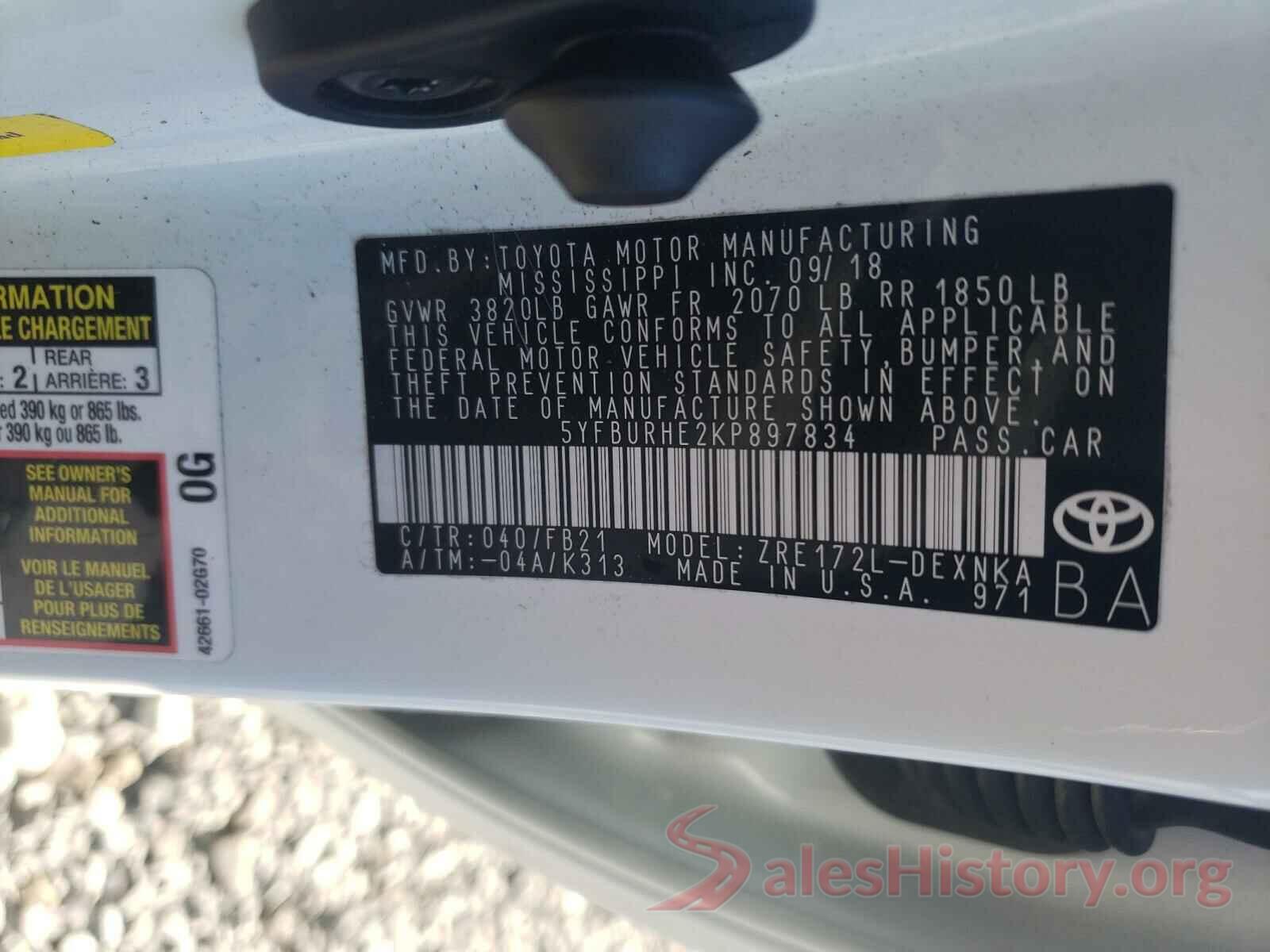 5YFBURHE2KP897834 2019 TOYOTA COROLLA