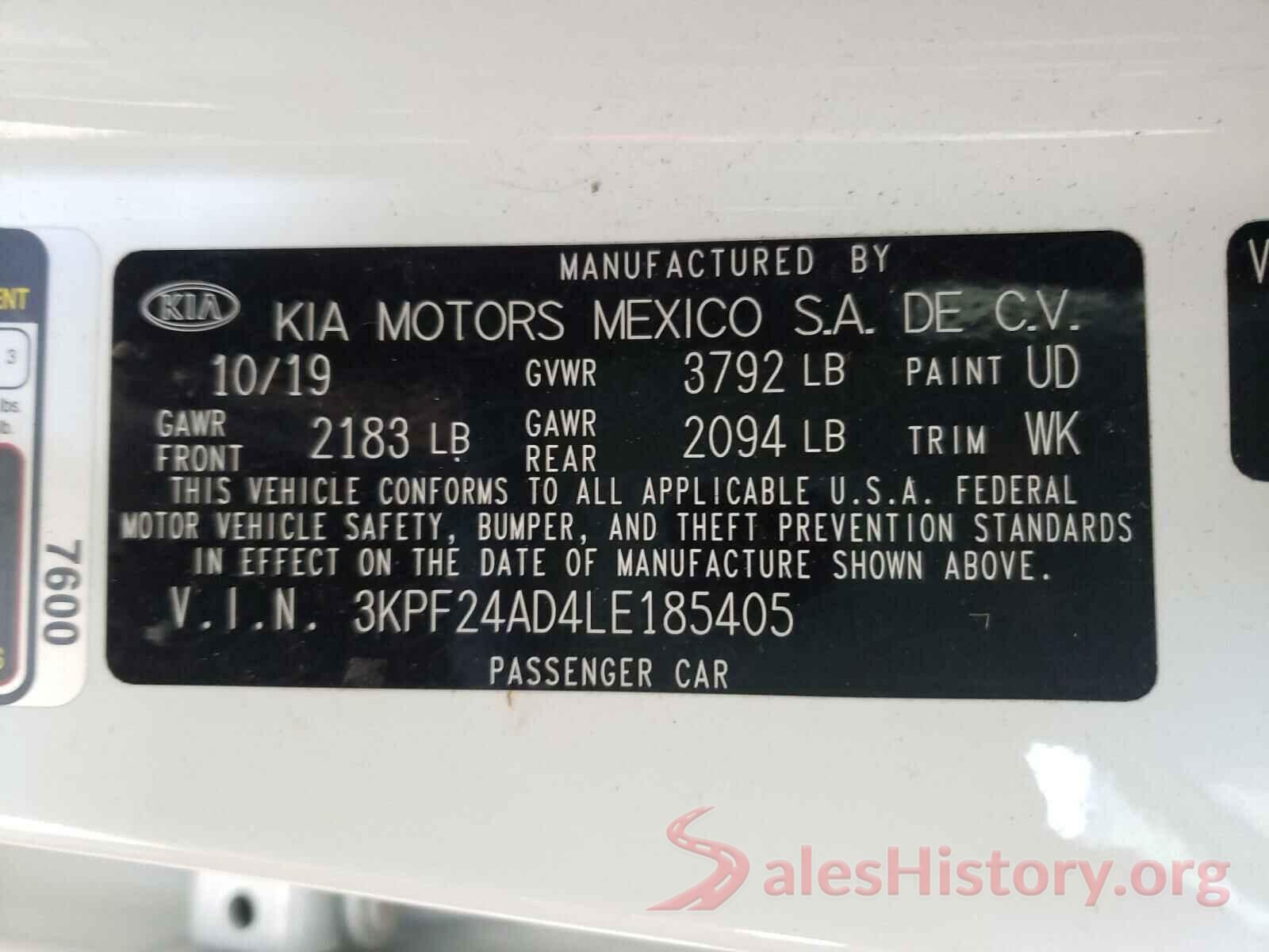 3KPF24AD4LE185405 2020 KIA FORTE