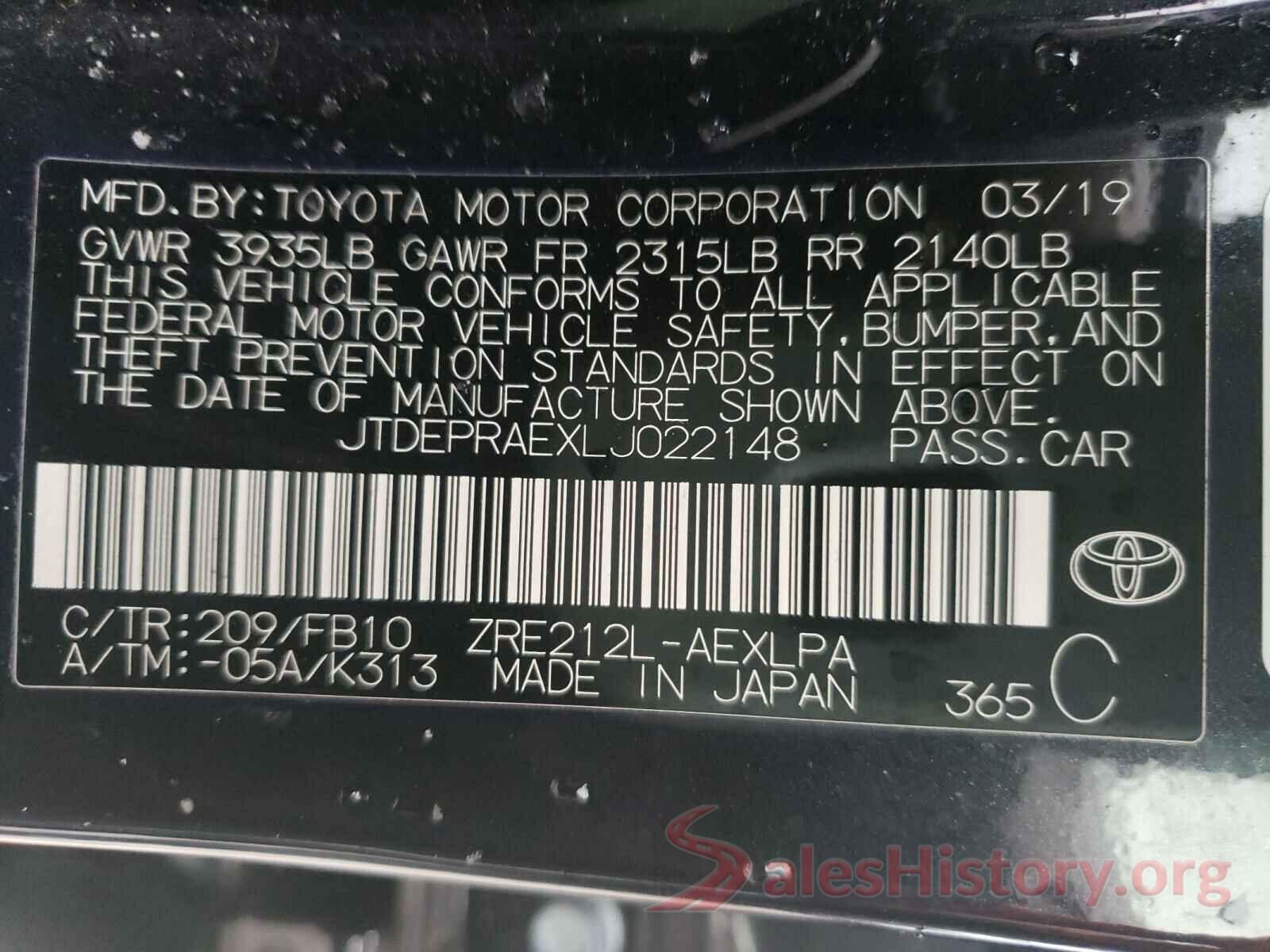 JTDEPRAEXLJ022148 2020 TOYOTA COROLLA