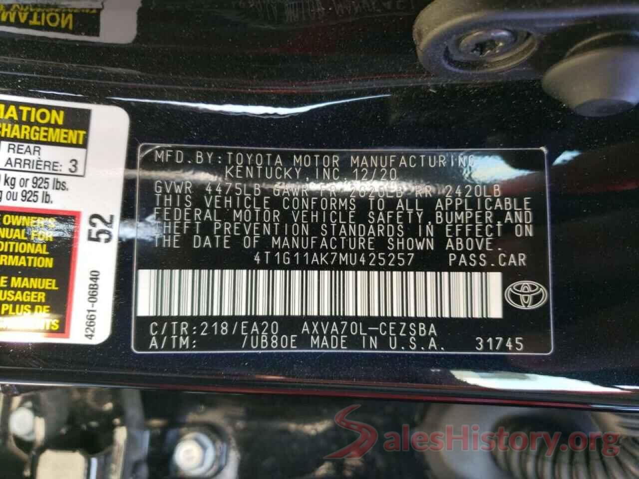 4T1G11AK7MU425257 2021 TOYOTA CAMRY