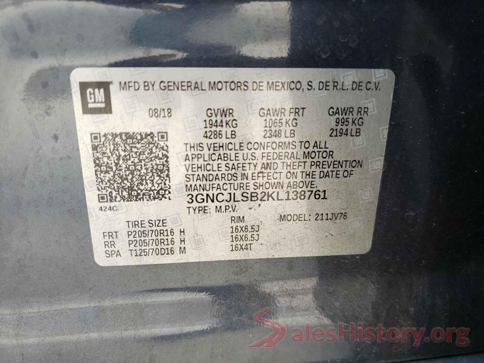 3GNCJLSB2KL138761 2019 CHEVROLET TRAX