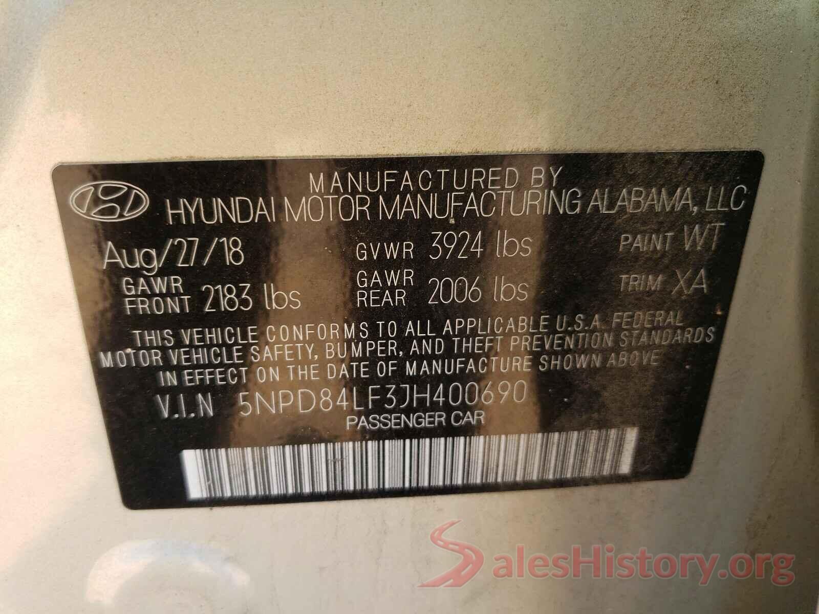 5NPD84LF3JH400690 2018 HYUNDAI ELANTRA