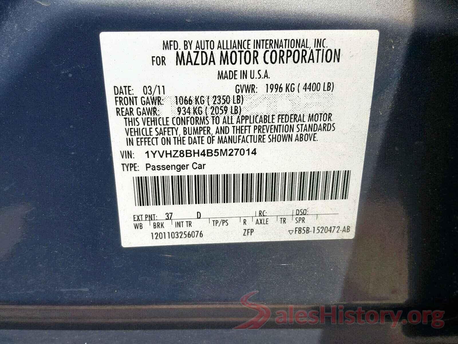 1YVHZ8BH4B5M27014 2011 MAZDA 6