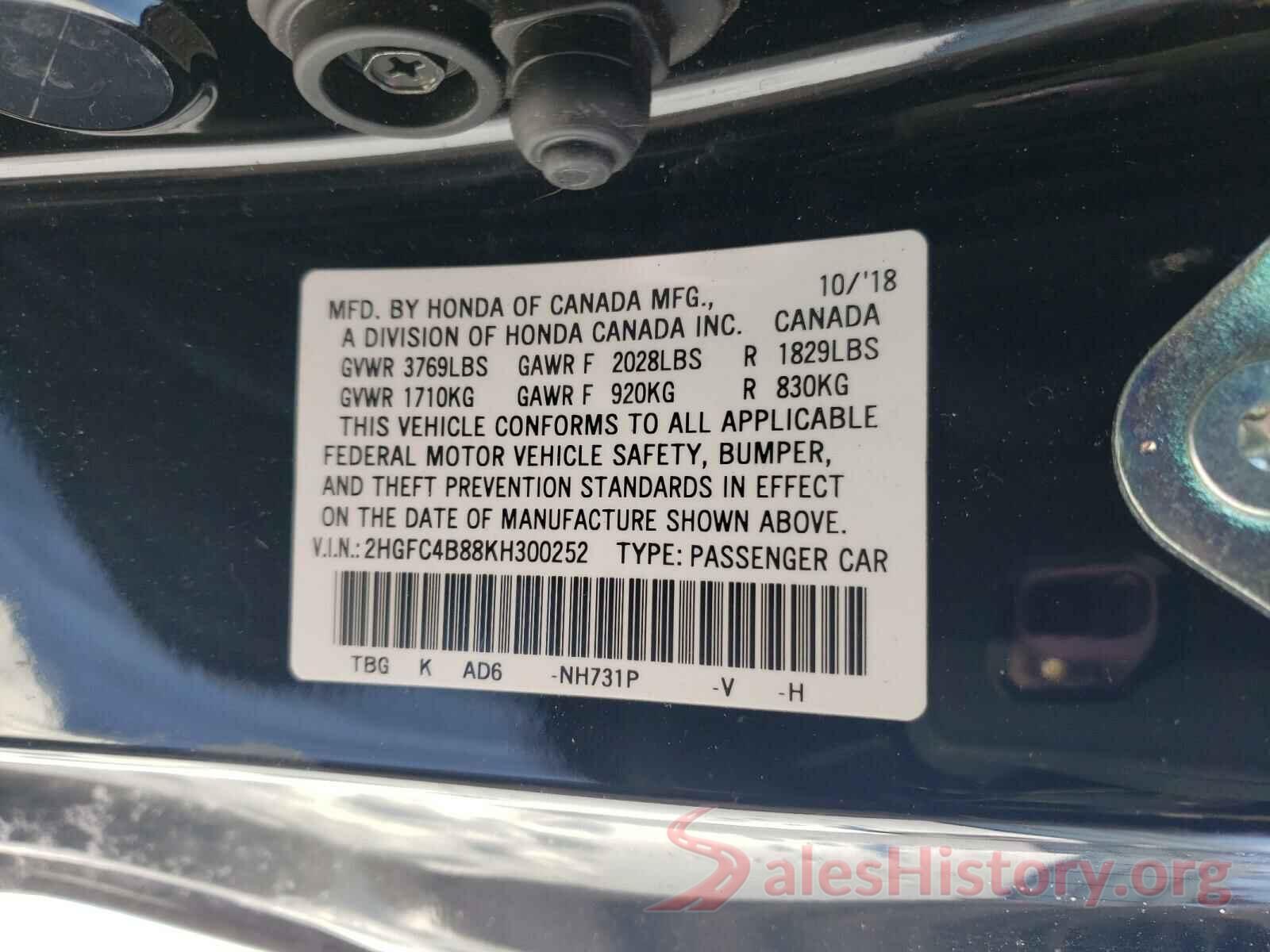 2HGFC4B88KH300252 2019 HONDA CIVIC