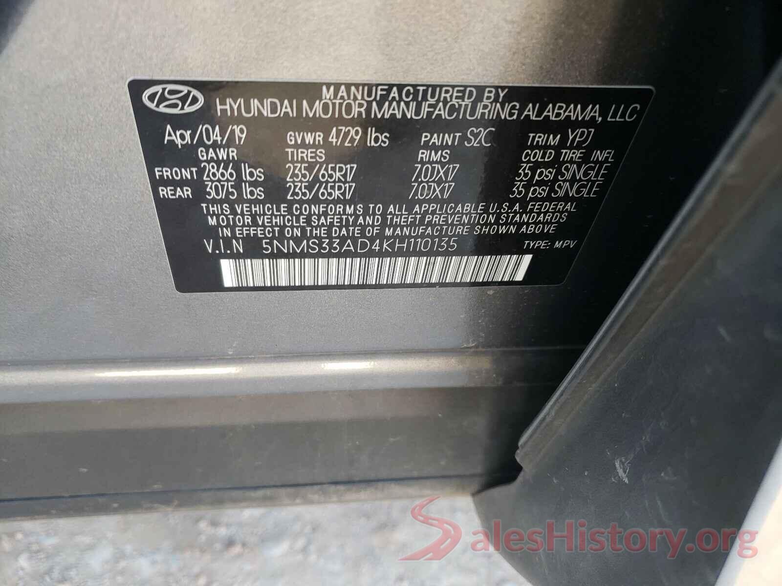 5NMS33AD4KH110135 2019 HYUNDAI SANTA FE