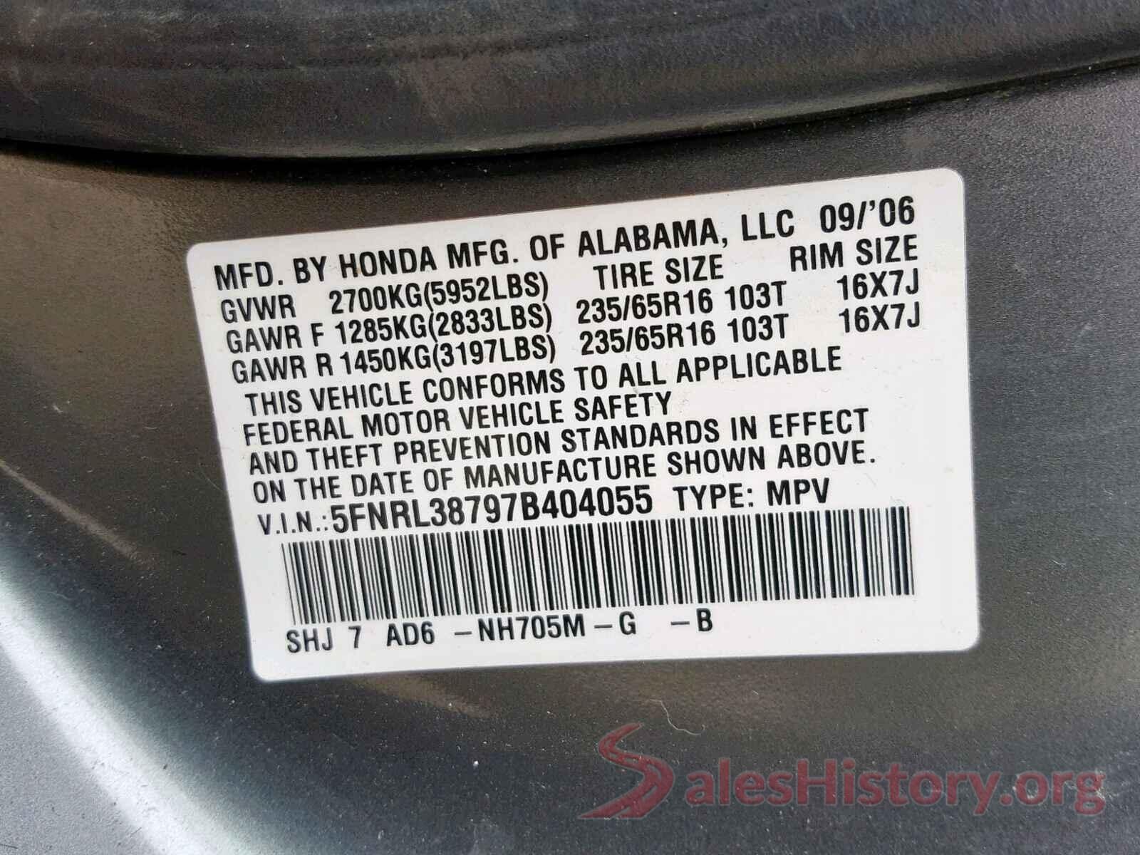 5FNRL38797B404055 2007 HONDA ODYSSEY EX