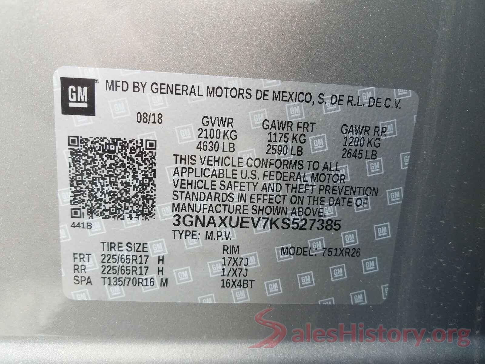 3GNAXUEV7KS527385 2019 CHEVROLET EQUINOX