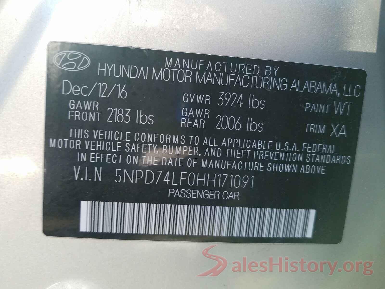 5NPD74LF0HH171091 2017 HYUNDAI ELANTRA