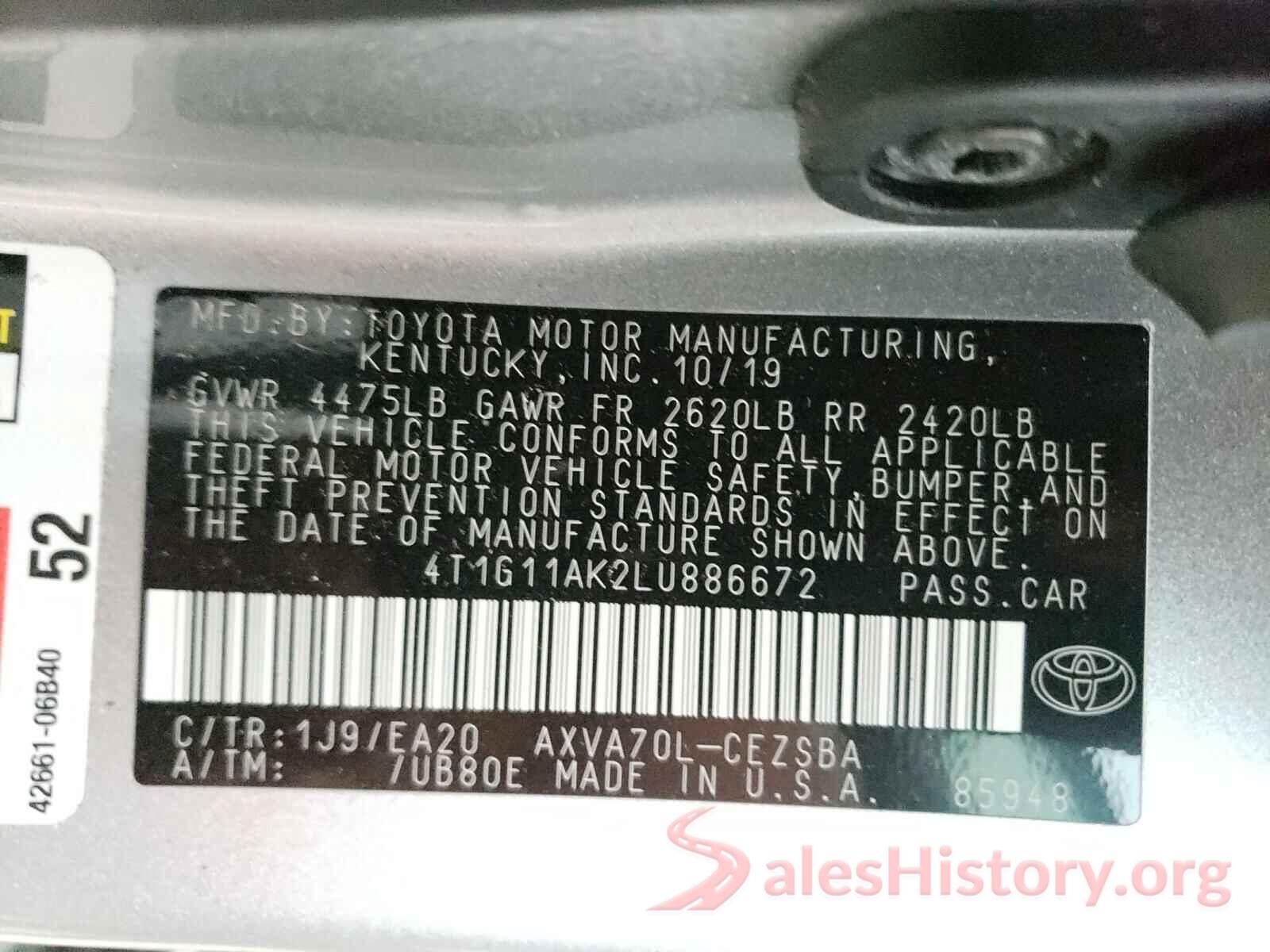 4T1G11AK2LU886672 2020 TOYOTA CAMRY