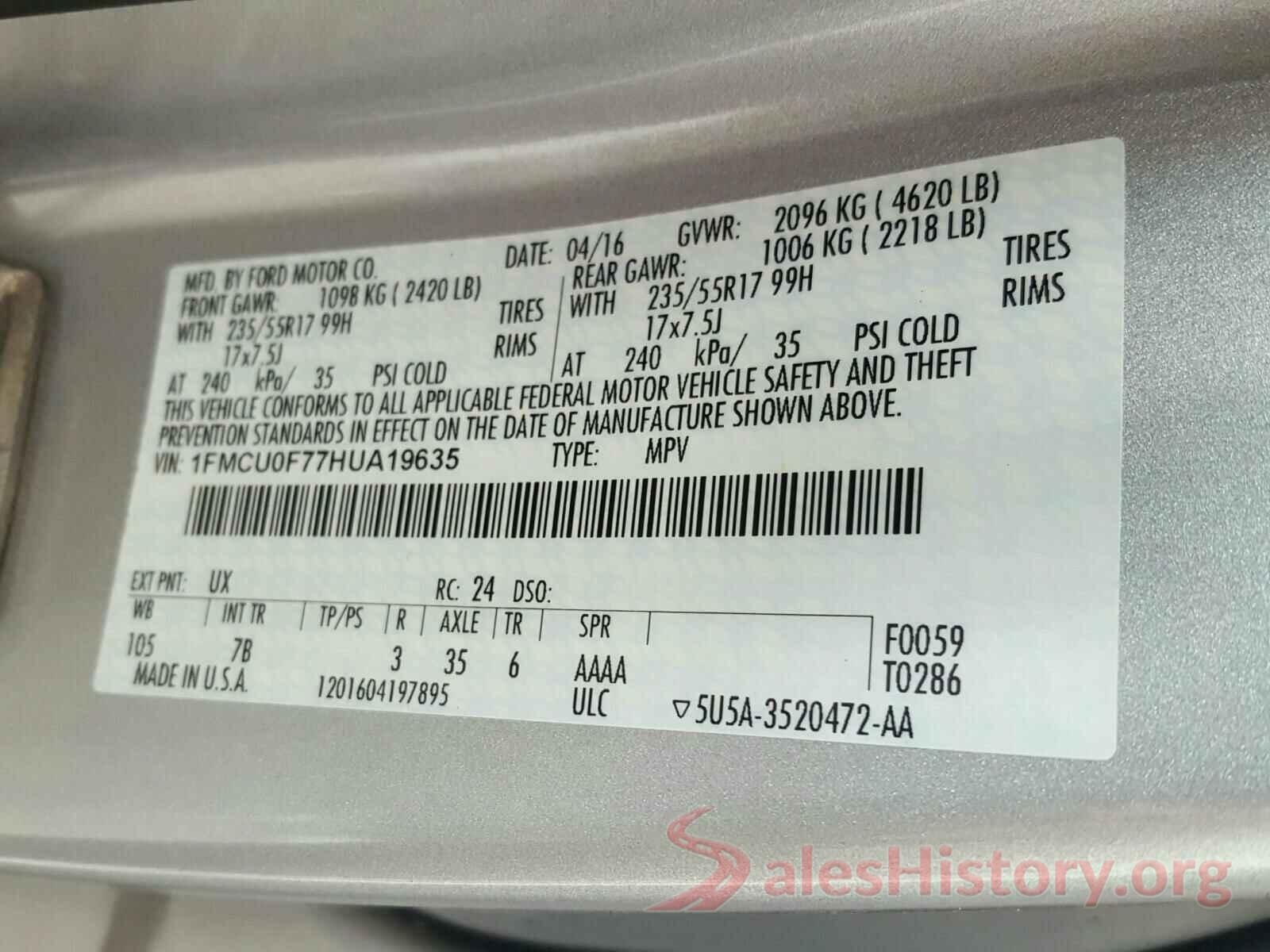 1FMCU0F77HUA19635 2017 FORD ESCAPE