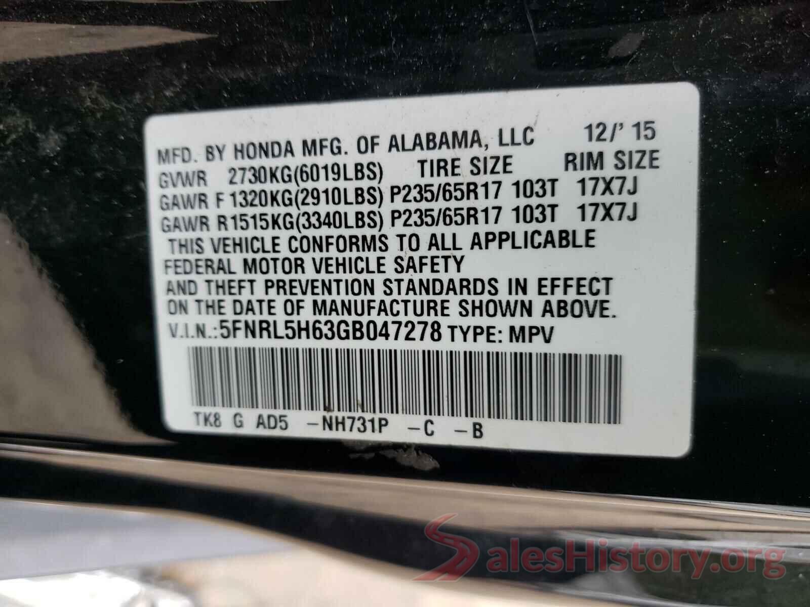 5FNRL5H63GB047278 2016 HONDA ODYSSEY