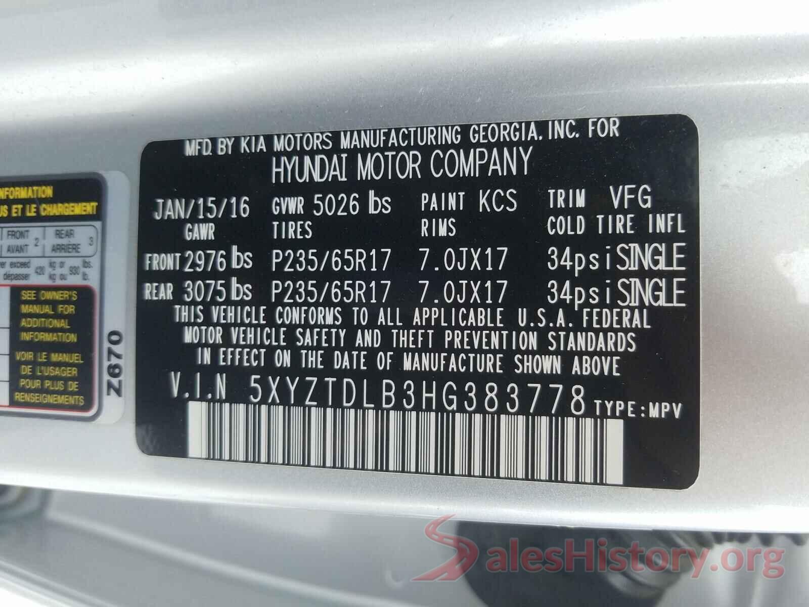 5XYZTDLB3HG383778 2017 HYUNDAI SANTA FE