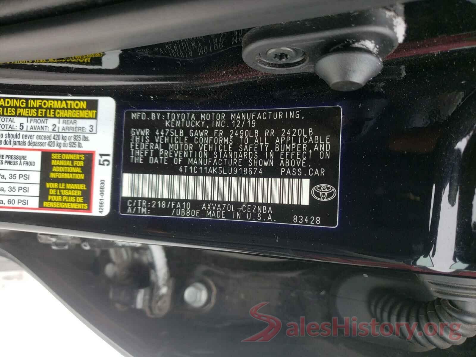 4T1C11AK5LU918674 2020 TOYOTA CAMRY