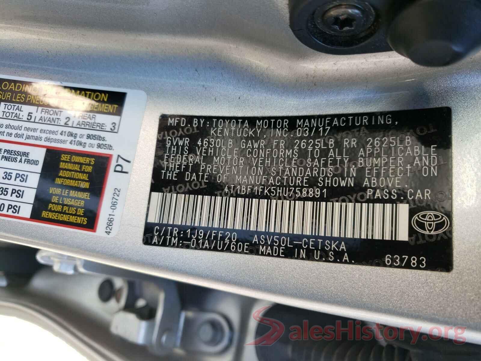 4T1BF1FK5HU758891 2017 TOYOTA CAMRY