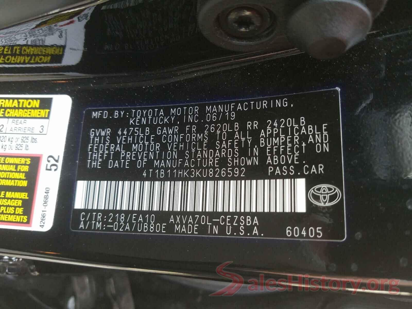 4T1B11HK3KU826592 2019 TOYOTA CAMRY