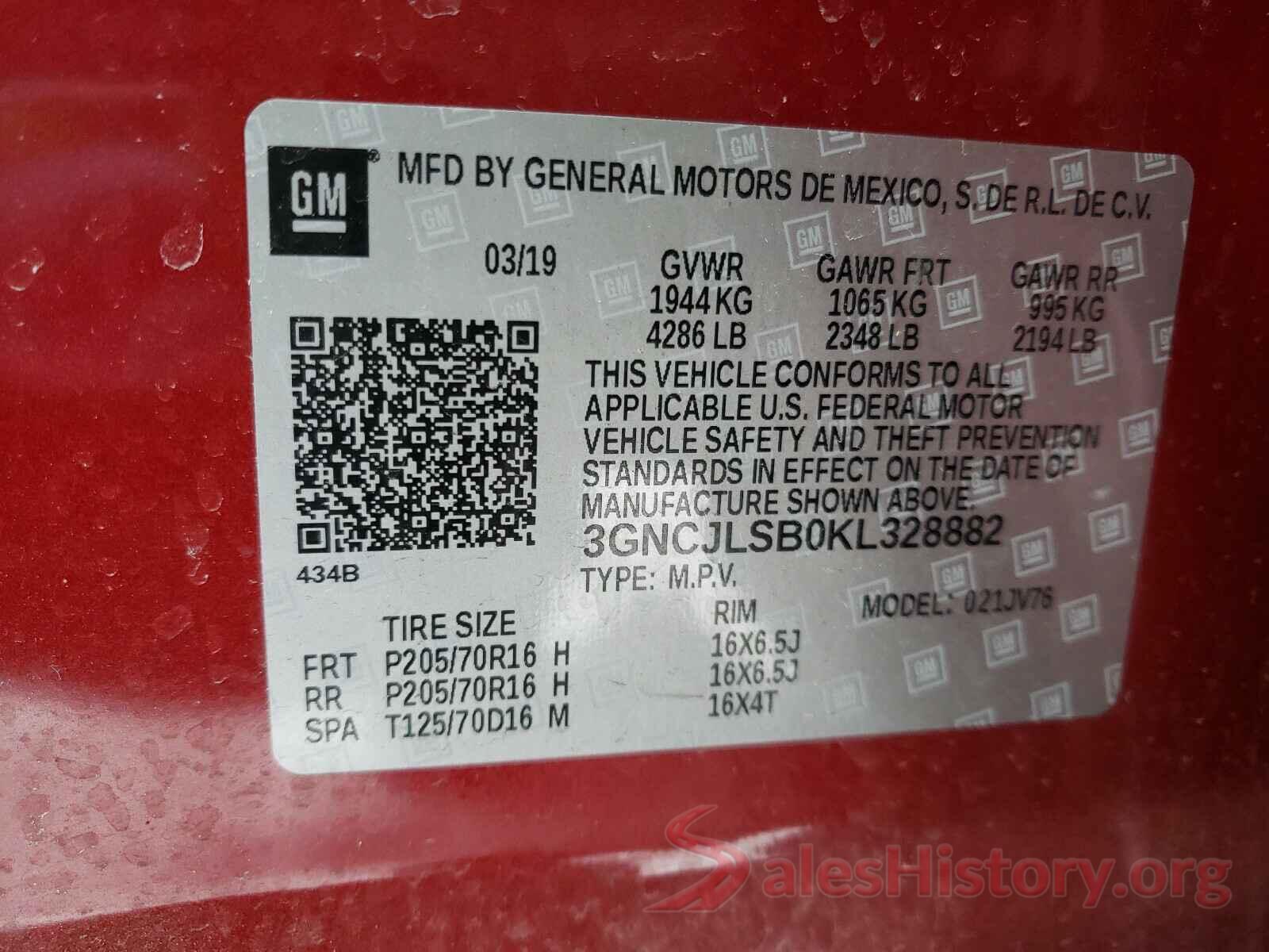 3GNCJLSB0KL328882 2019 CHEVROLET TRAX