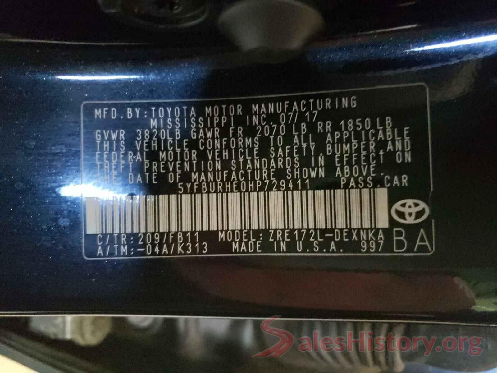 5YFBURHE0HP729411 2017 TOYOTA COROLLA