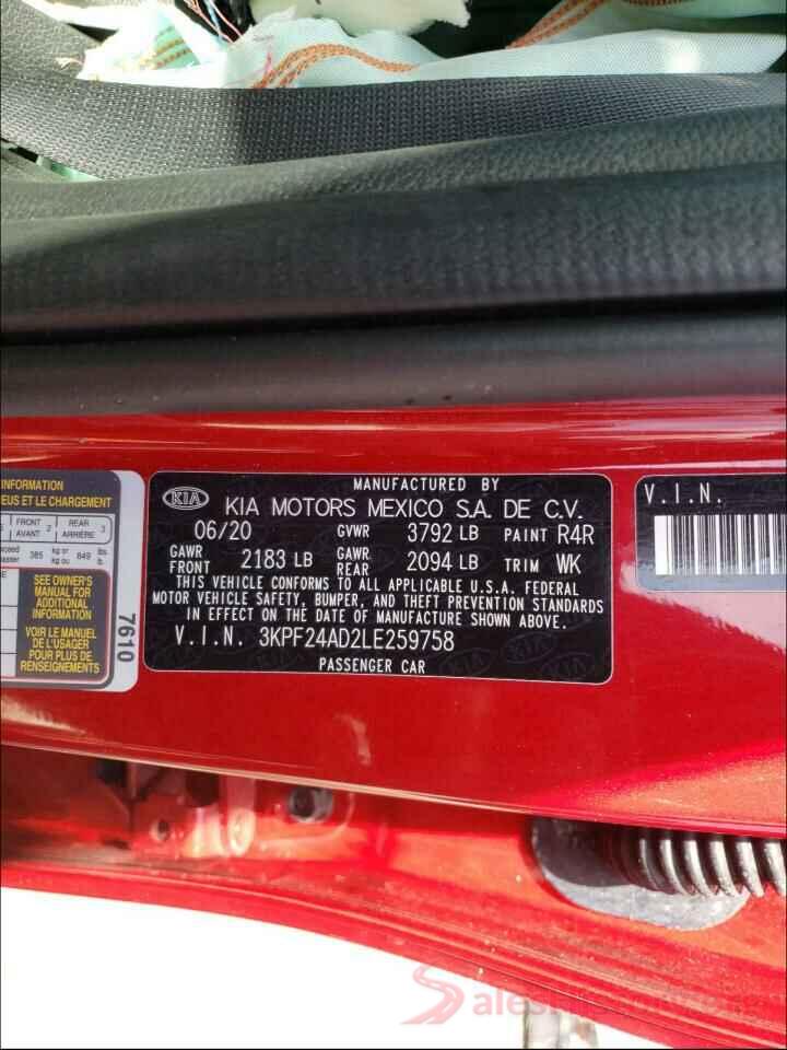 3KPF24AD2LE259758 2020 KIA FORTE