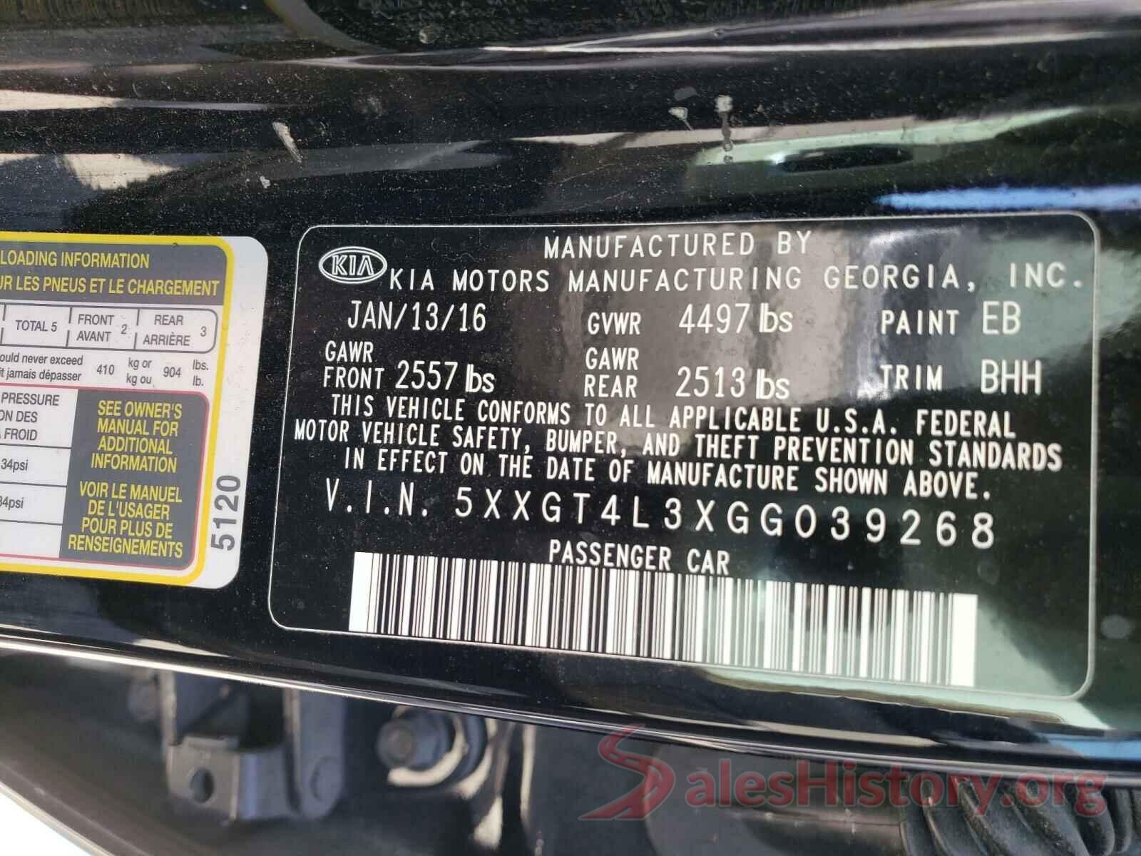 5XXGT4L3XGG039268 2016 KIA OPTIMA