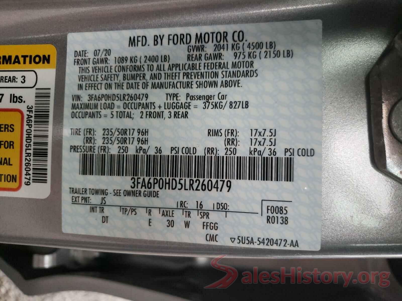 3FA6P0HD5LR260479 2020 FORD FUSION