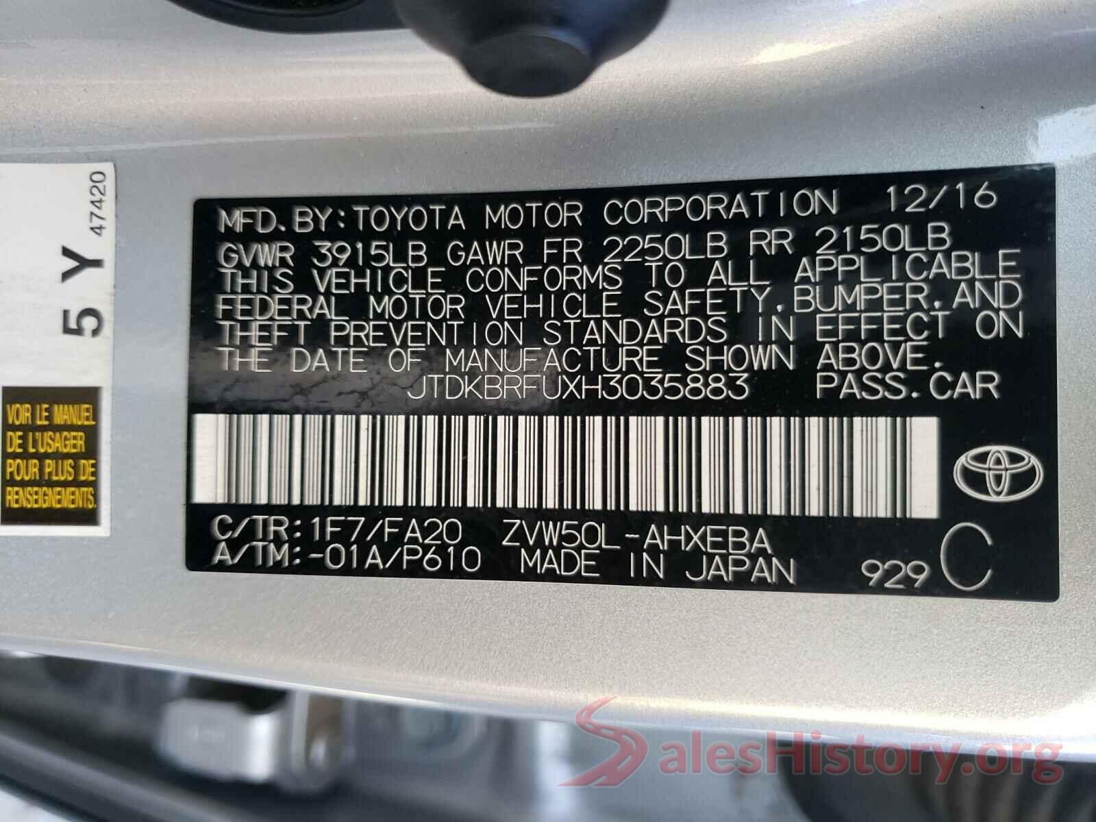 JTDKBRFUXH3035883 2017 TOYOTA PRIUS