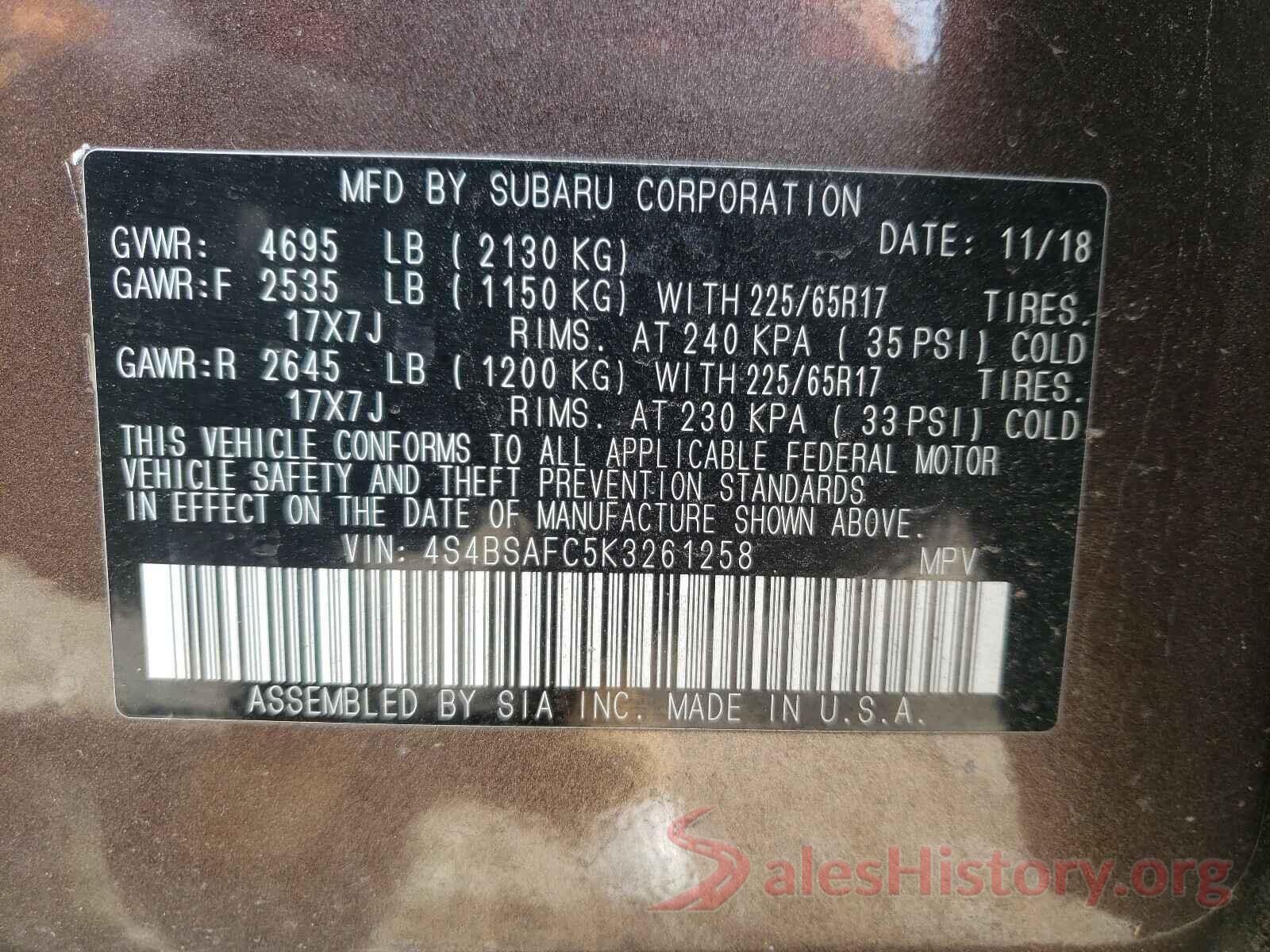 4S4BSAFC5K3261258 2019 SUBARU OUTBACK