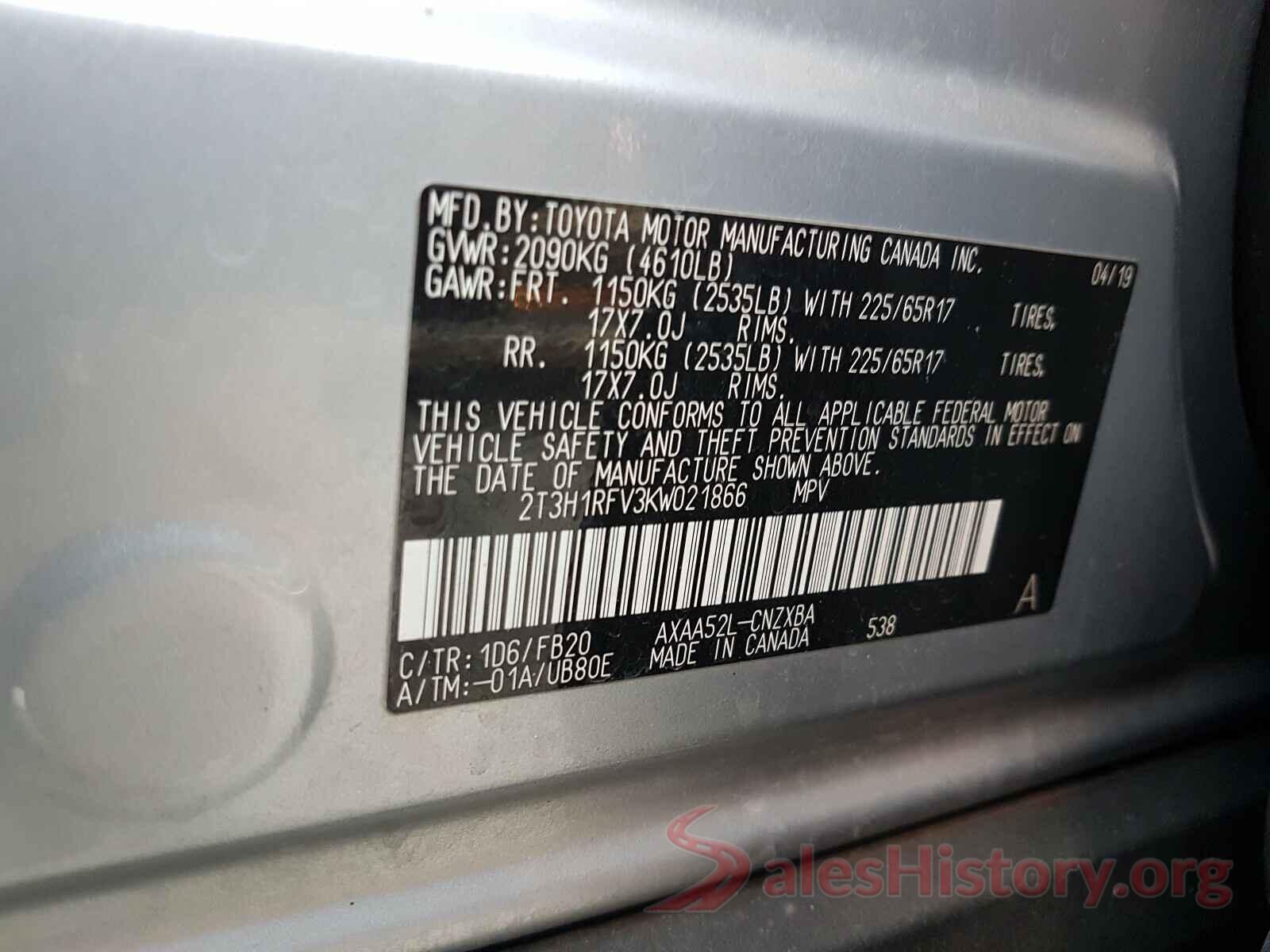 2T3H1RFV3KW021866 2019 TOYOTA RAV4